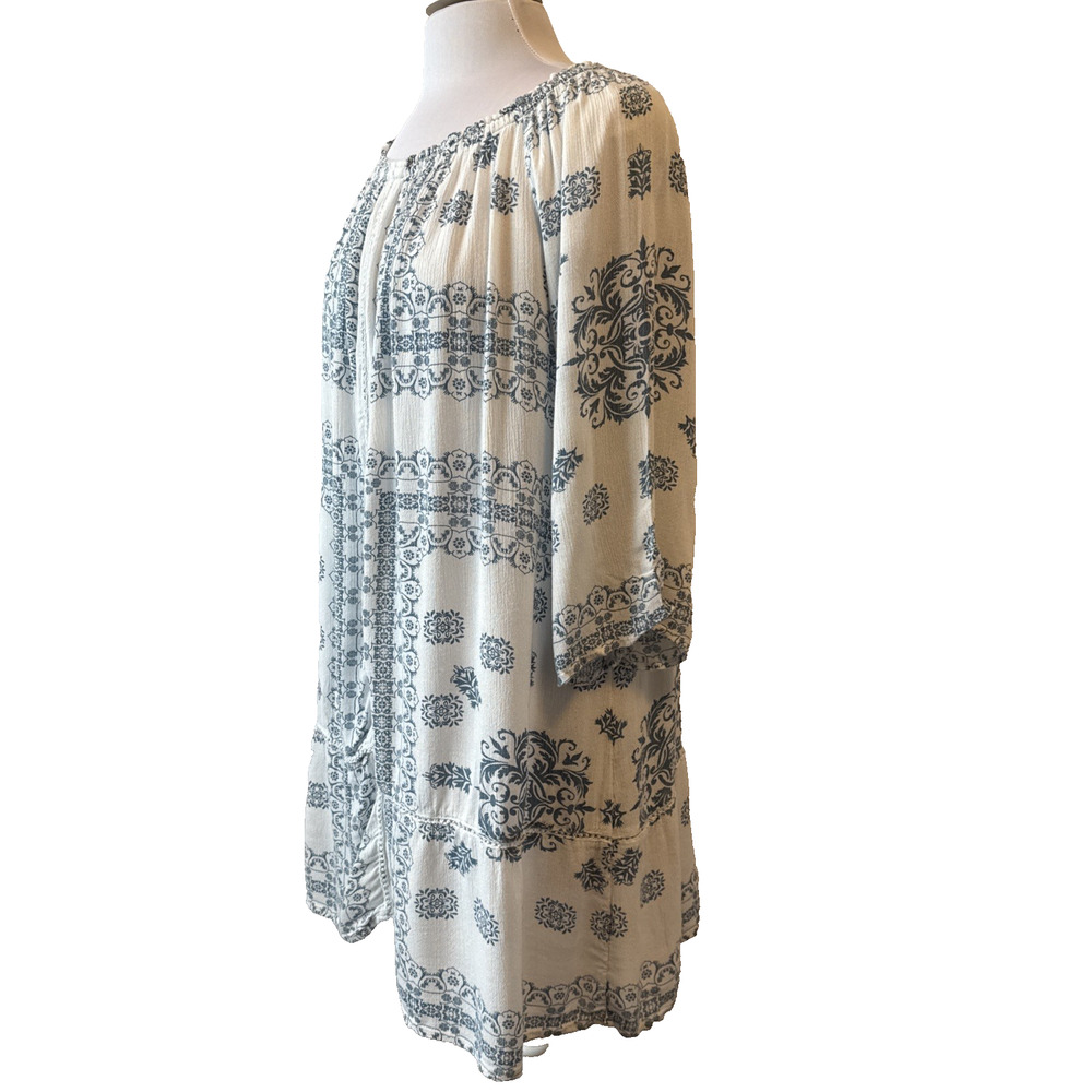 Atmosphere Women’s 4 Boho Peasant Blue Floral Oversized Rayon Sheer Dress Beach